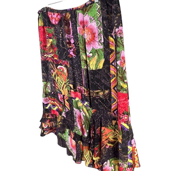 Chicos Silk Skirt Size Large Black Floral Patchwork Pull On Asymmetric Boho Chic - Picture 2 of 10